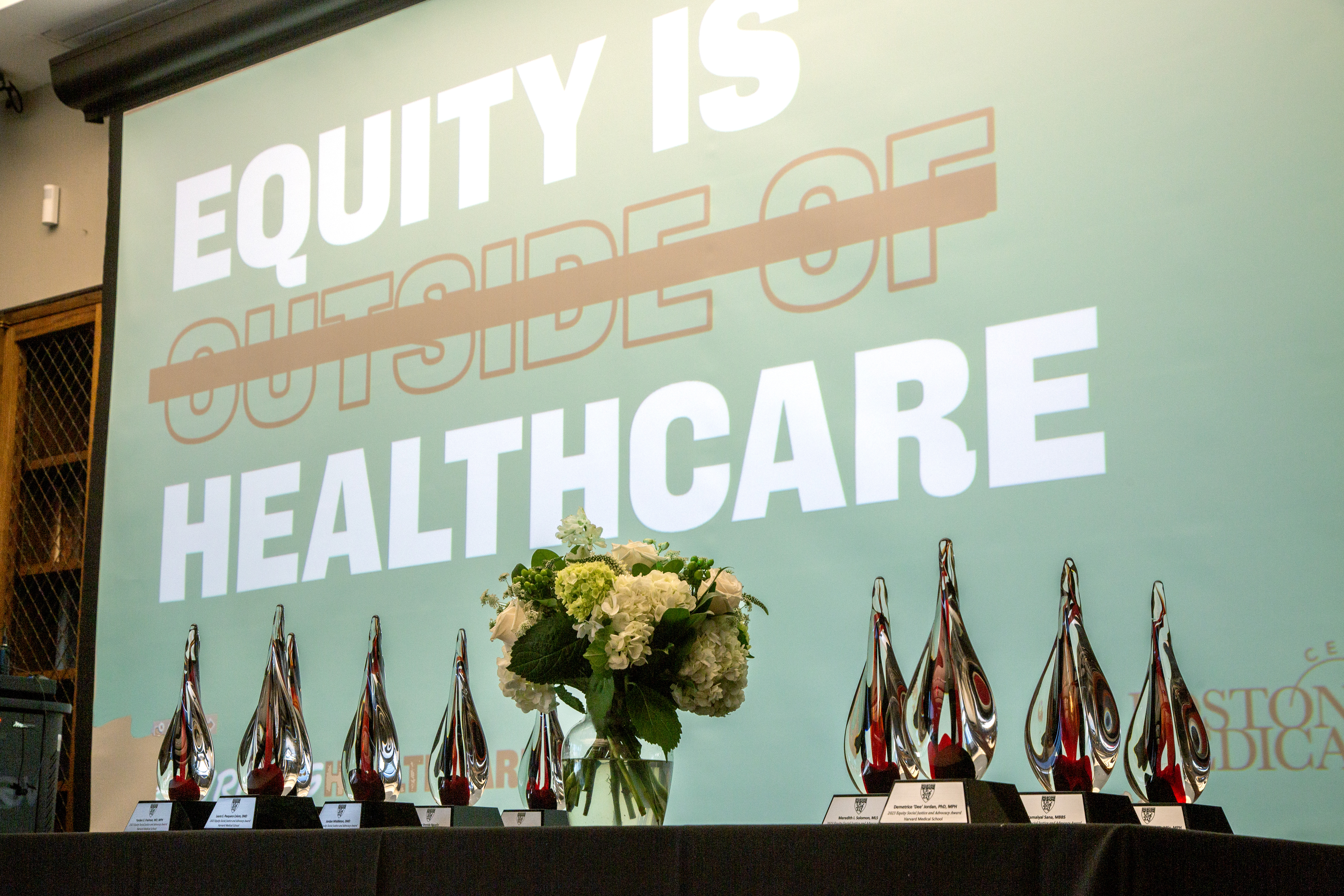 A slide titled, 'Equity is Outside of Healthcare,' with 'outside of' crossed out is projected behind a table of ESJA awards.