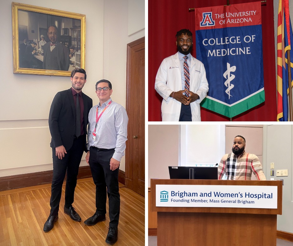 A collage of the selected intern profiles. On the left, Erik Velez Perez and Paulo Lizano stand in front of a painted portrait of William Hinton. On the top right, Ateh Zinkeng poses in front of a University of Arizona College of Medicine banner. On the bottom right, Lashawn Peña is behind a Brigham and Womens Hospital lectern.