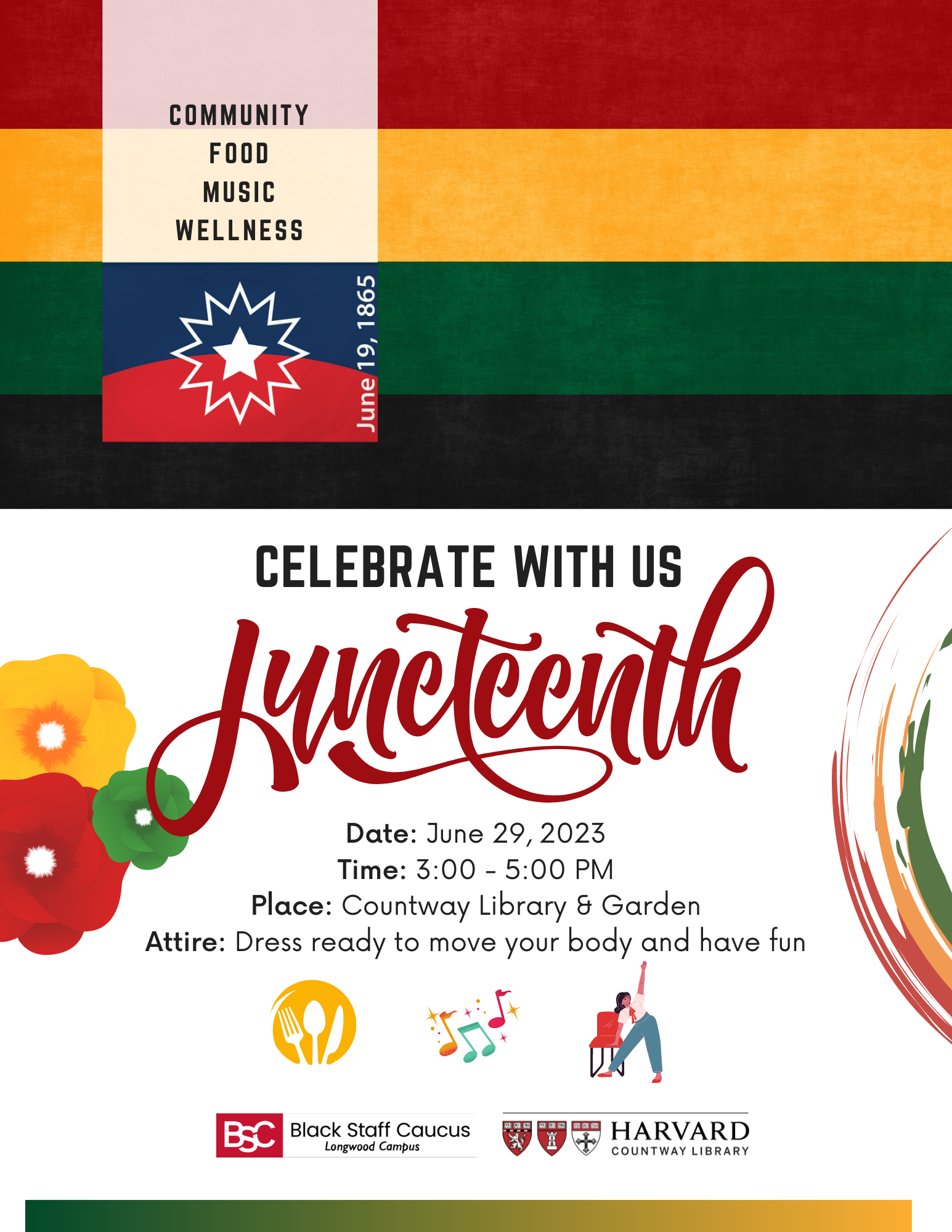 A flyer with the event info depicting song, dance, and celebration corresponding with Juneteenth.